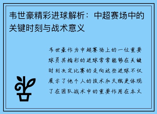 韦世豪精彩进球解析:中超赛场中的关键时刻与战术意义 韦世豪精彩进球解析:中超赛场中的关键时刻与战术意义