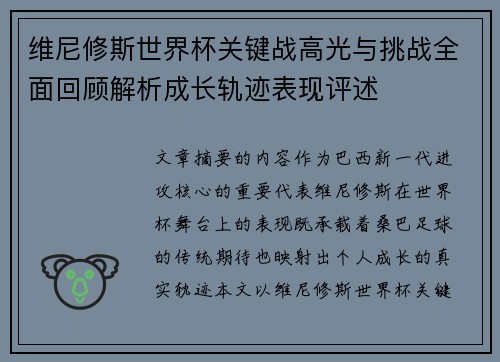 维尼修斯世界杯关键战高光与挑战全面回顾解析成长轨迹表现评述